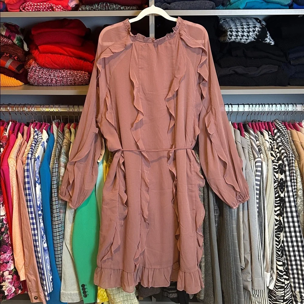 Time & Tru dusty pink long sleeve ruffled front button lined dress size XXL NWT